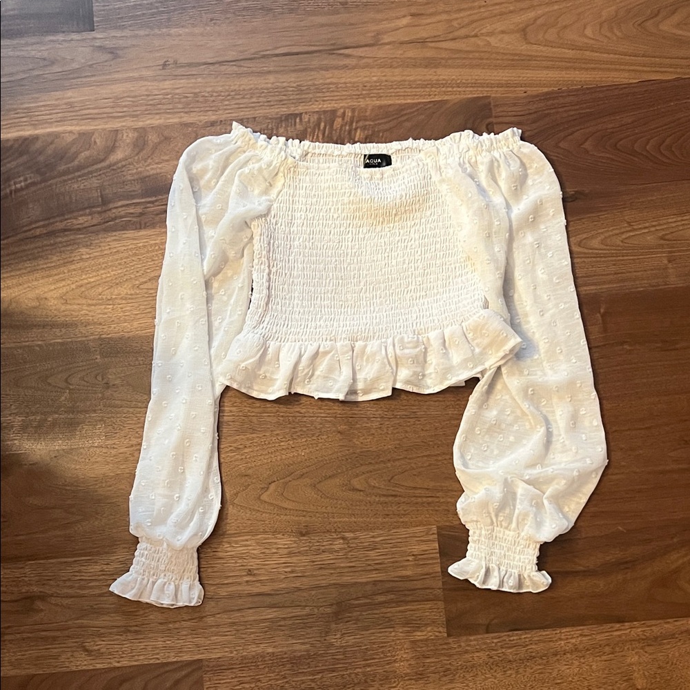 Aqua White Smocked Blouse with Ruffle Accents